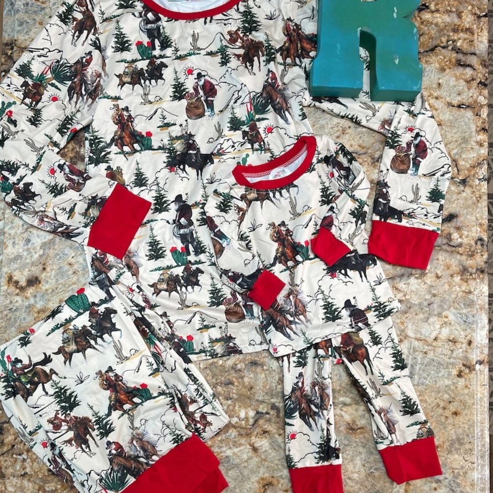 KIDS Cowboy Santa Christmas Pajamas PJS / Vintage Country Santa Clause/ Western